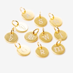Choose from 140 Icons, 7 Font Styles, Small Custom Monogram Charm, Initial Disc, Minimalist Bridesmaid, Wedding Jewelry, White On Gold