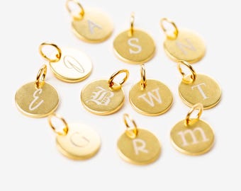 Choose from 140 Icons, 7 Font Styles, Small Custom Monogram Charm, Initial Disc, Minimalist Bridesmaid, Wedding Jewelry, White On Gold