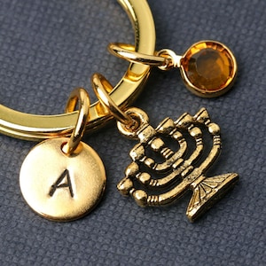 Hanukkah Menorah Keychain, Keyring, Antique Gold Menorah Charm, Initial Keychain, Jewish Jewelry, Hanukkah Gift, Birthstone Keychain