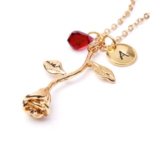 Gold Rose with Ruby Teardrop Crystal Necklace, Gold Rose Jewelry, Personalized Initial Necklace, Ready To Give