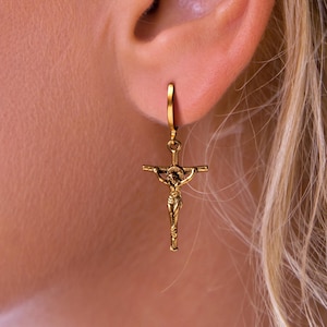 Gold Crucifix Earrings, Gold Cross Huggies, Earrings with Cross, Crucifix Hoop Earrings, Gold Christian Jewelry, Gold Jesus Earrings