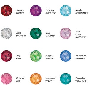 May include: A chart showing the birthstones for each month of the year. The chart shows a red garnet for January, a purple amethyst for February, a blue aquamarine for March, a clear diamond for April, a green emerald for May, a light pink amethyst for June, a red ruby for July, a green peridot for August, a blue sapphire for September, a pink opal for October, an orange topaz for November, and a blue turquoise for December.
