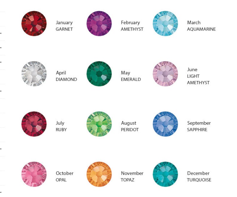 May include: A chart showing the birthstones for each month of the year. The chart shows a red garnet for January, a purple amethyst for February, a blue aquamarine for March, a clear diamond for April, a green emerald for May, a light pink amethyst for June, a red ruby for July, a green peridot for August, a blue sapphire for September, a pink opal for October, an orange topaz for November, and a blue turquoise for December.