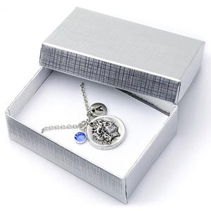 May include: A silver necklace with a blue gemstone charm and a silver charm with a woman's face and the letter A. The necklace is in a silver gift box.