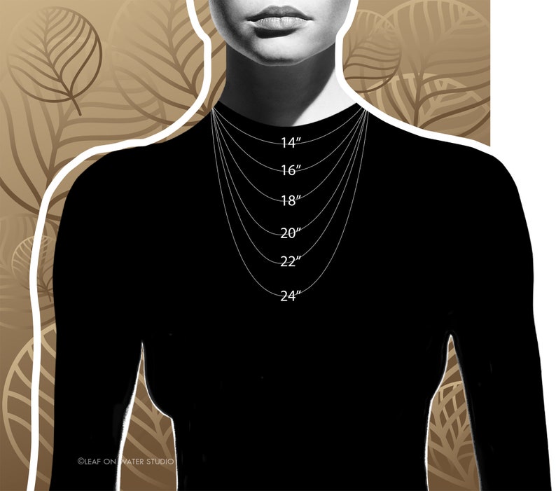 May include: A guide to necklace lengths, showing a model wearing a chain necklace in various lengths from 14 inches to 24 inches.