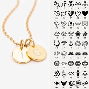 Choose from 140 Icons, 7 Font Styles, Personalized Gold Disc Necklace, Gold Tag Necklace, Custom Monogram, Minimalist Jewelry, White on Gold