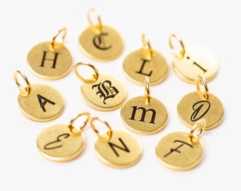 Choose from 140 Icons, 7 Font Styles, Gold Initial Letter, Small Custom Monogram Charm, Initial Disc, Personalized Jewelry, Black On Gold
