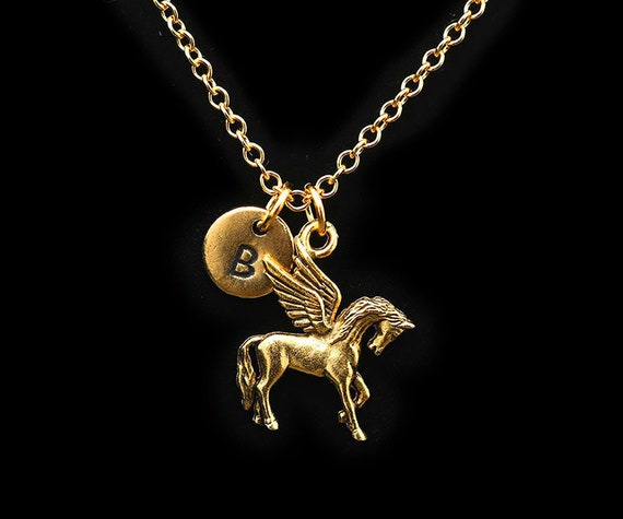 Gold Pegasus Charm Necklace, Mythical Flying Horse Charm Necklace, Pegasus Jewelry, Magical Horse Necklace, Personalized Monogram, Initial