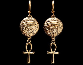 Boucles d’oreilles Oeil d’Or d’Horus et Ankh, Amulette de Protection, Bijoux Symbole Égyptien, Pharaon Ankh, Cerceaux Reine d’Egypte