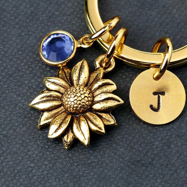 Gold Sunflower Keychain, Gold Flower Keychain, Sunflower Charm Keyring, Personalized Monogram, Initial Keychain