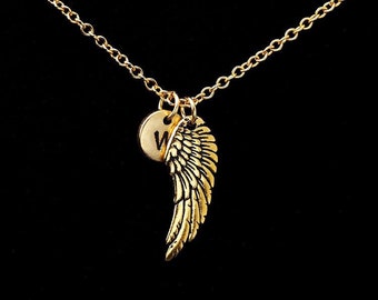 Gold Angel Wing Necklace, Guardian Angel Necklace, Safe Travel, Good Luck Necklace, Personalized Monogram, Initial Necklace