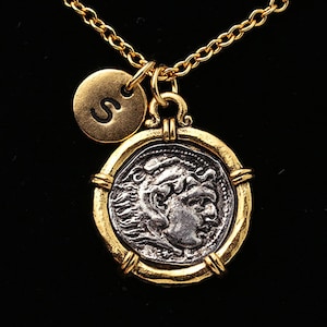Alexander the Great Necklace, Silver Coin in Gold Bezel 2 Tone Pendant, Replica Coin, Personalized Monogram, Initial Necklace