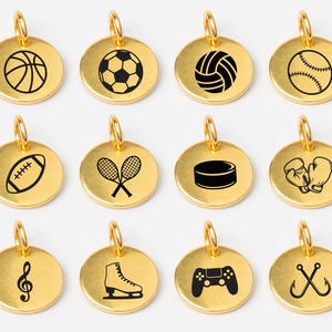 Gold Sport Charms, Basketball, Soccer, Volleyball, Football, Tennis, Hockey, Boxing, Figure Skating, Egames, Fishing Charm, 10mm - 3/8&quot;