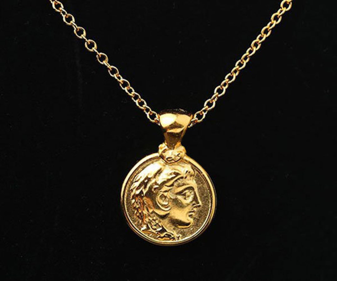 Alexander the Great Necklace, Gold Coin Necklace, Replica Coin Charm Necklace, Alexander the