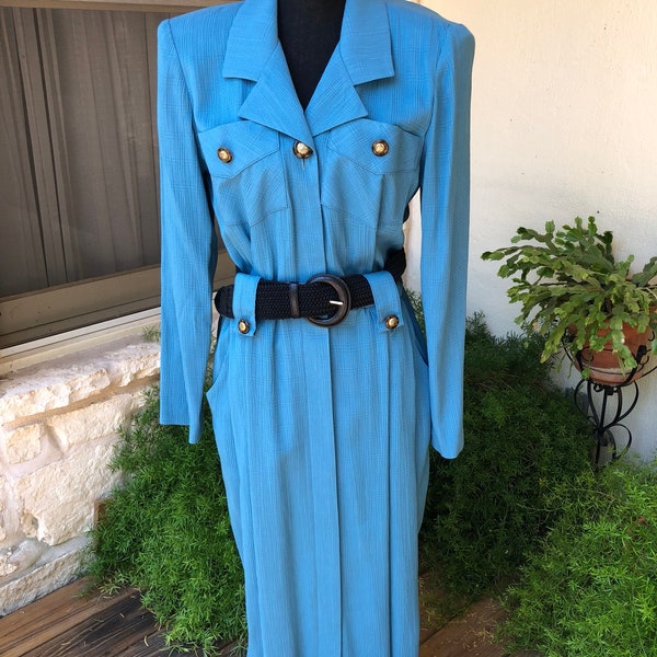 1980's Vintage Turquoise Stretchy Mid Calf Length Button Down Dress With Detachable Belt