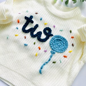 Personalized Hand-Embroidered Knit Baby Toddler Sweater: Birthday design