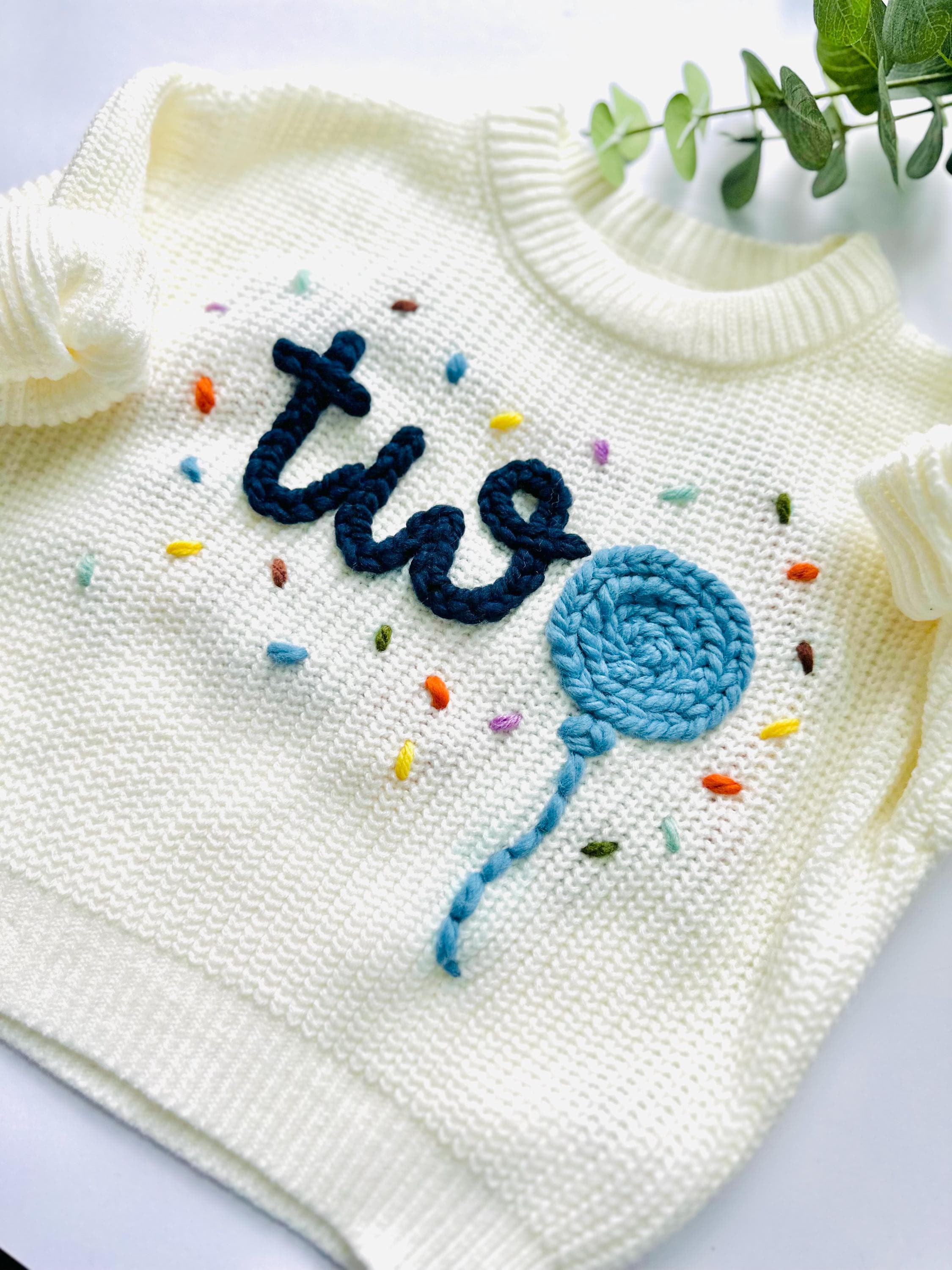 Personalized Hand-Embroidered Knit Baby Toddler Sweater: Birthday design