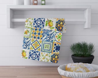 Paño de cocina de sarga de algodón inspirado en los azulejos de limones mediterráneos / Paño de cocina pintado a mano con acuarela / Decoración de cocina costera italiana