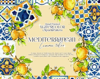 Azulejo mediterráneo de acuarela, clipart de limón siciliano (descarga digital)
