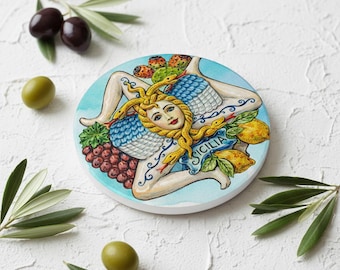 Posavasos de cerámica Trinacria siciliana, arte popular italiano, decoración mediterránea, posavasos moderno, inspirado en Sicilia, posavasos Amalfi, barra decorativa
