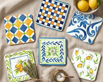 Posavasos Almafi Lemon, juego de 4 o 6 unidades, posavasos cuadrados con aspecto de cerámica, decoración de mesa con base de corcho.