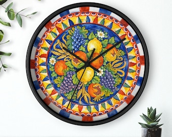 Reloj de pared con recuerdo de Sicilia, 25 x 25 cm, reloj de cocina, decoración de pared, reloj de limón, reloj de fruta, reloj de azulejos italianos, reloj de pared ilustrado.