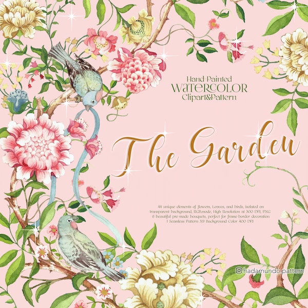 The Garden theme hand painted element set, watercolor floral clipart, floral frame border and seamless pattern, bridal shower, baby shower