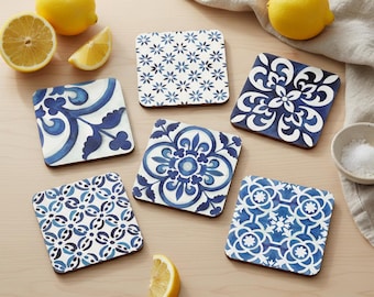 Posavasos de azulejos azul mediterráneo, juego de 4 o 6 unidades, posavasos cuadrados con aspecto de cerámica, decoración de mesa con base de corcho.