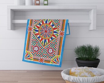 Paños de cocina de sarga de algodón con motivos de azulejo siciliano, viajero de Sicilia, teste di moro, inspirados en Sicilia, toalla de cocina con estampado de mayólica colorida