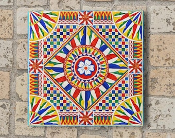 Posavasos de cerámica con motivos folclóricos sicilianos, arte popular italiano, decoración mediterránea, posavasos moderno, inspirado en Sicilia, posavasos de Amalfi, barra decorativa