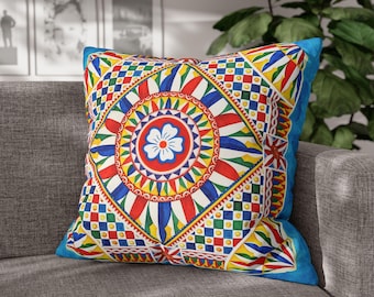 Funda de almohada cuadrada de lona polivinílica, inspirada en Sicilia, encanto italiano, teste di moro, viajero de Sicilia, Sicilia 16x16 18x18 20x20 24x24 26x26