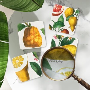 以下が含まれることがあります： レモンやグレープフルーツなど、柑橘系の植物画が描かれた正方形のコースター4枚。緑の葉と白い背景が特徴です。拡大鏡が前景にあり、「Fuck Trump」の文字が見えます。