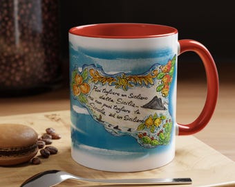 Taza de café con mapa de Sicilia de 325 ml y 480 ml, dialecto siciliano, Sicilia, viajero siciliano, inspirado en Sicilia, taza de capuchino