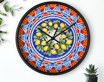 Reloj de pared con limón siciliano (25 x 25 cm), reloj de cocina, decoración de pared, reloj de limón, reloj de frutas, reloj de azulejos italianos, reloj de pared ilustrado.