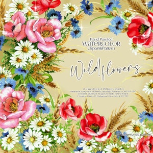 Clipart fleurs sauvages, clipart floral aquarelle, imprimé floral, motif sans couture, clipart marguerite, bleuet, blé, faire-part de mariage, PNG floral