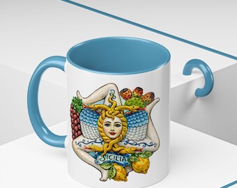 Taza de café Trinacria de 325 ml y 480 ml, dialecto siciliano, Sicilia, viajero siciliano, inspirado en Sicilia, taza de capuchino, regalo para viajeros del mundo