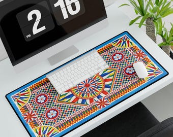 Tapetes de escritorio inspirados en el folclore siciliano, encanto italiano, viajero siciliano, tapete de escritorio grande, decoración lujosa, tapete con patrón de azulejos, tapete de escritorio