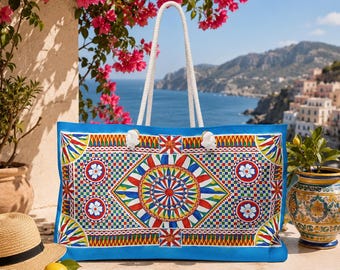 Bolso de fin de semana con estampado de azulejos mediterráneos / Bolso de viaje con acuarela pintada a mano / Bolso de playa de la costa siciliana