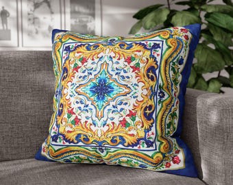 Funda de almohada cuadrada de lona polivinílica, *Obra de arte original pintada a mano inspirada en Sicilia, encanto italiano, teste di moro, viajero de Sicilia, Sicilia