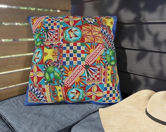 Cojines de exterior, **Obra de arte original pintada a mano, inspirada en Sicilia, encanto italiano, teste di moro, viajero de Sicilia, Sicilia