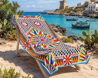 Toalla de playa de mayólica mediterránea, toalla grande, siciliana, Sicilia, Italia, estilo italiano