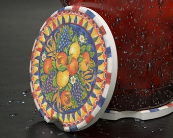 Posavasos de esteatita para coche Sicily Traveller, accesorio femenino para coche, decoración estética para coche, pintado a mano, estilo mediterráneo, Sicilia