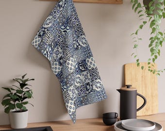 Paño de cocina de sarga de algodón inspirado en los azulejos azules mediterráneos / Paño de cocina con acuarela pintada a mano / Decoración de cocina costera italiana