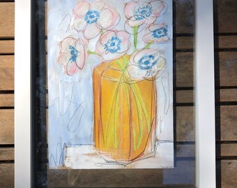 Anemone Flowers in an Orange Vase - original still life painting