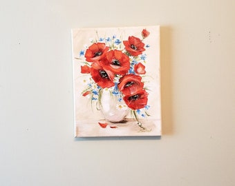 Poppies.Original acrylic painting on canvas. Acrylic hand painted. Gift.  10x8 inch