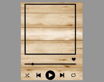 May include: A wooden frame with a play button, rewind, fast forward, and repeat buttons. There is a heart icon and a progress bar at the bottom of the frame.