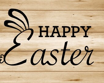 May include: Happy Easter greeting with a stylized bunny rabbit illustration on a woodgrain background.