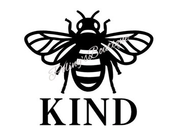 May include: Black and white graphic of a bee with the word "KIND" below it. The bee is stylized with detailed wings and body segments. The design is simple and bold, suitable for various applications.