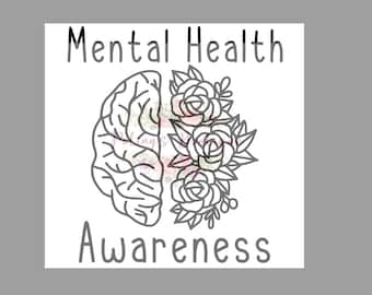 May include: Black and white line art illustration of a brain with flowers growing out of it. The text "Mental Health Awareness" is written above the image.