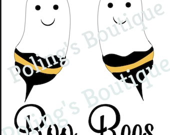 May include: Two white ghost-shaped figures with black eyes and smiling mouths. The bottom of each ghost is black and yellow stripes, resembling a bee. The text "Boo Bees" is written in black cursive below the ghosts.
